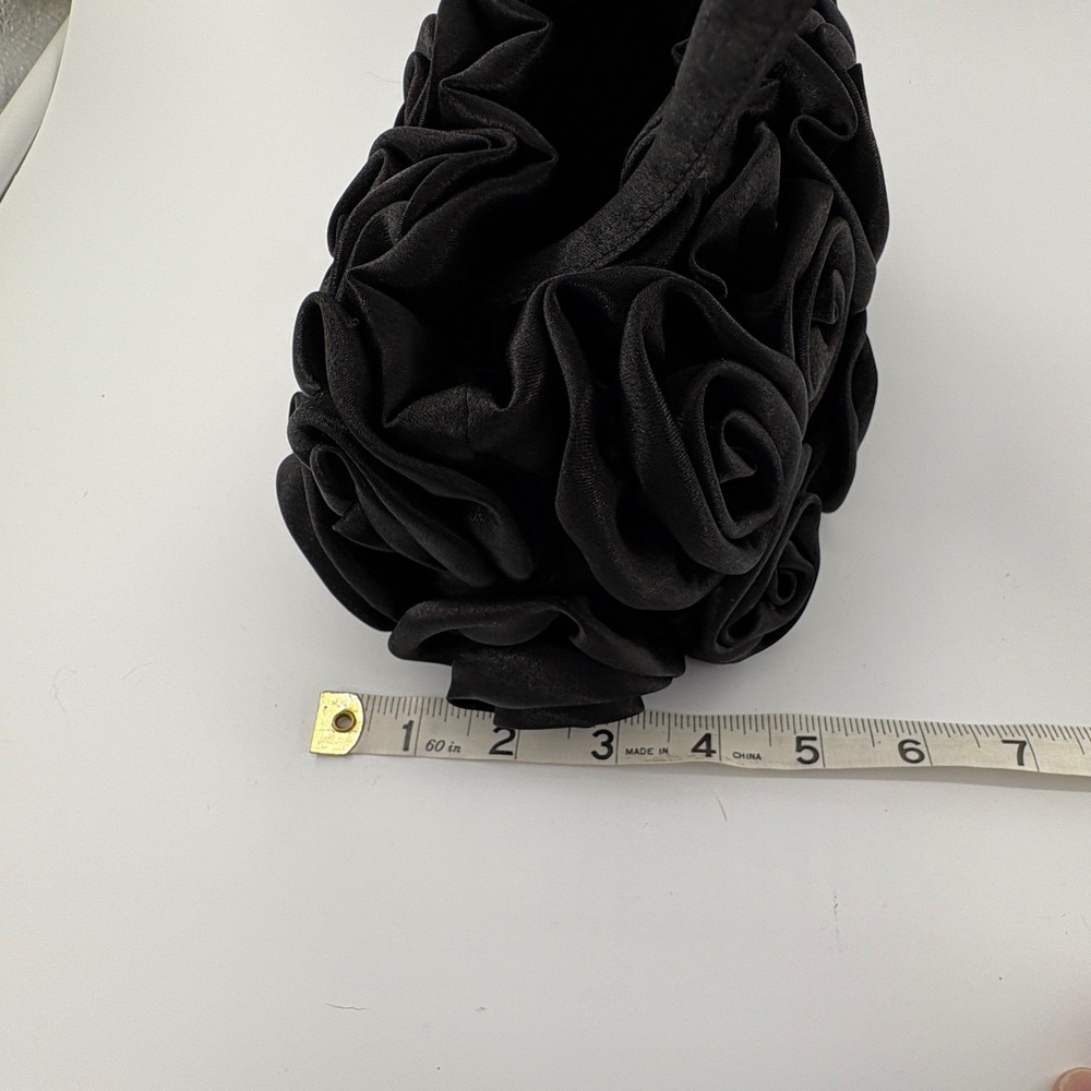 Black Satin 3D Rosette Evening Bag Mini Formal Handbag Top Handle - Picture 4 of 7